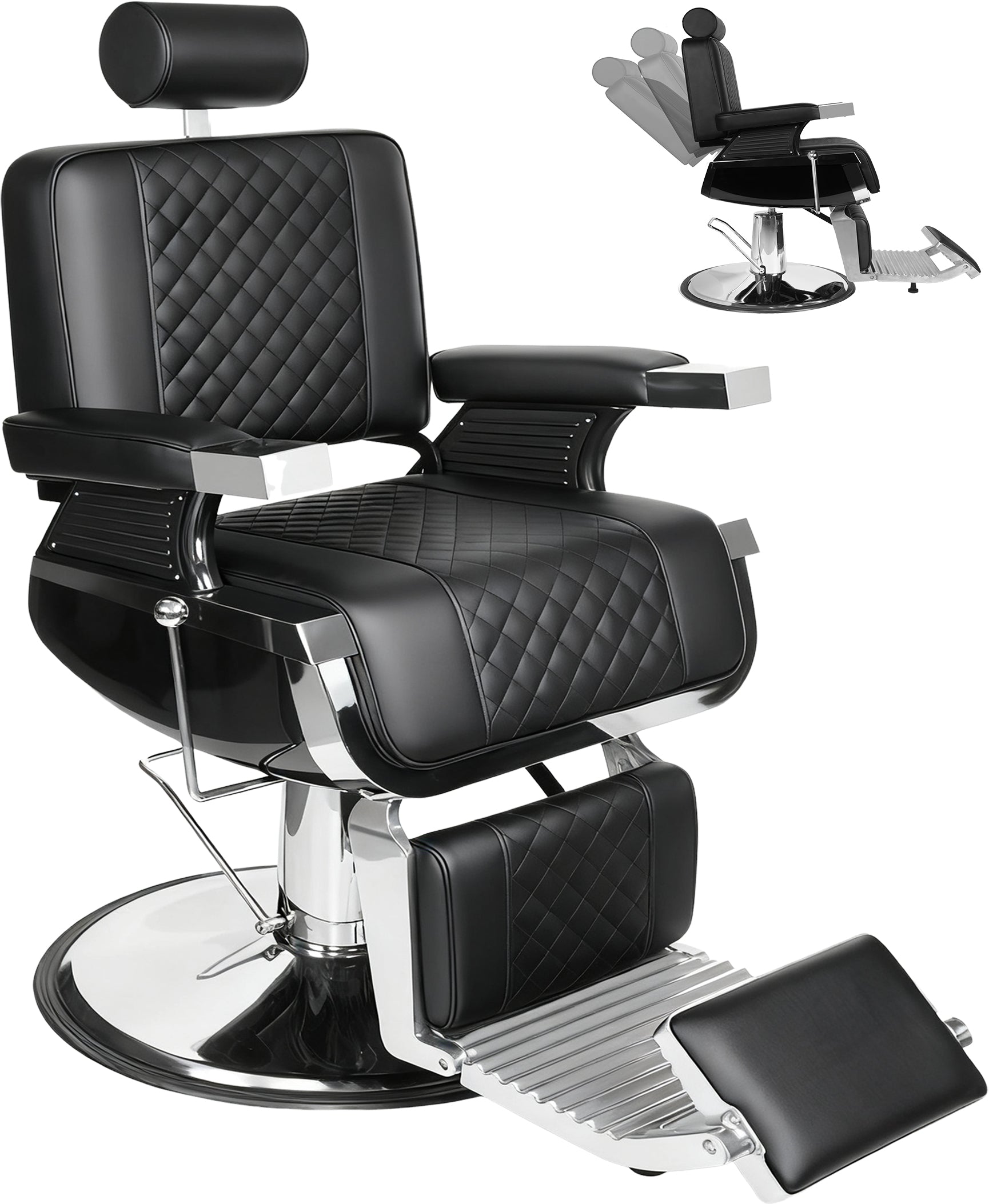 Reclining Barber Chair, Heavy Duty Barber Chair for Barbershop, Hydraulic Barber Salon Chairs, Eisenhower Diamond Stitch PU Leather, Adjustable Headrest & Footrest, 360° Swivel, Black and Silver