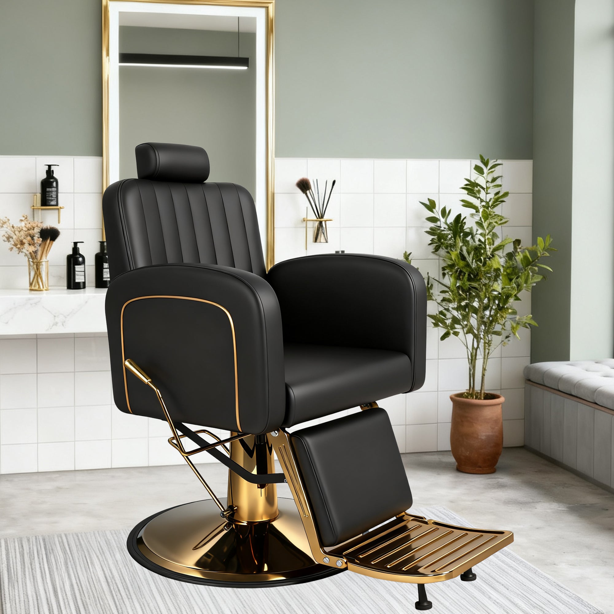 Vintage Barber Chairs for Barbershop, Reclining Salon Chair for Hair Stylist with Heavy Duty Hydraulic Pump, Multi-functional Hair Styling Chairs for Salon Barbershop for Hair Stylist, Black Gold