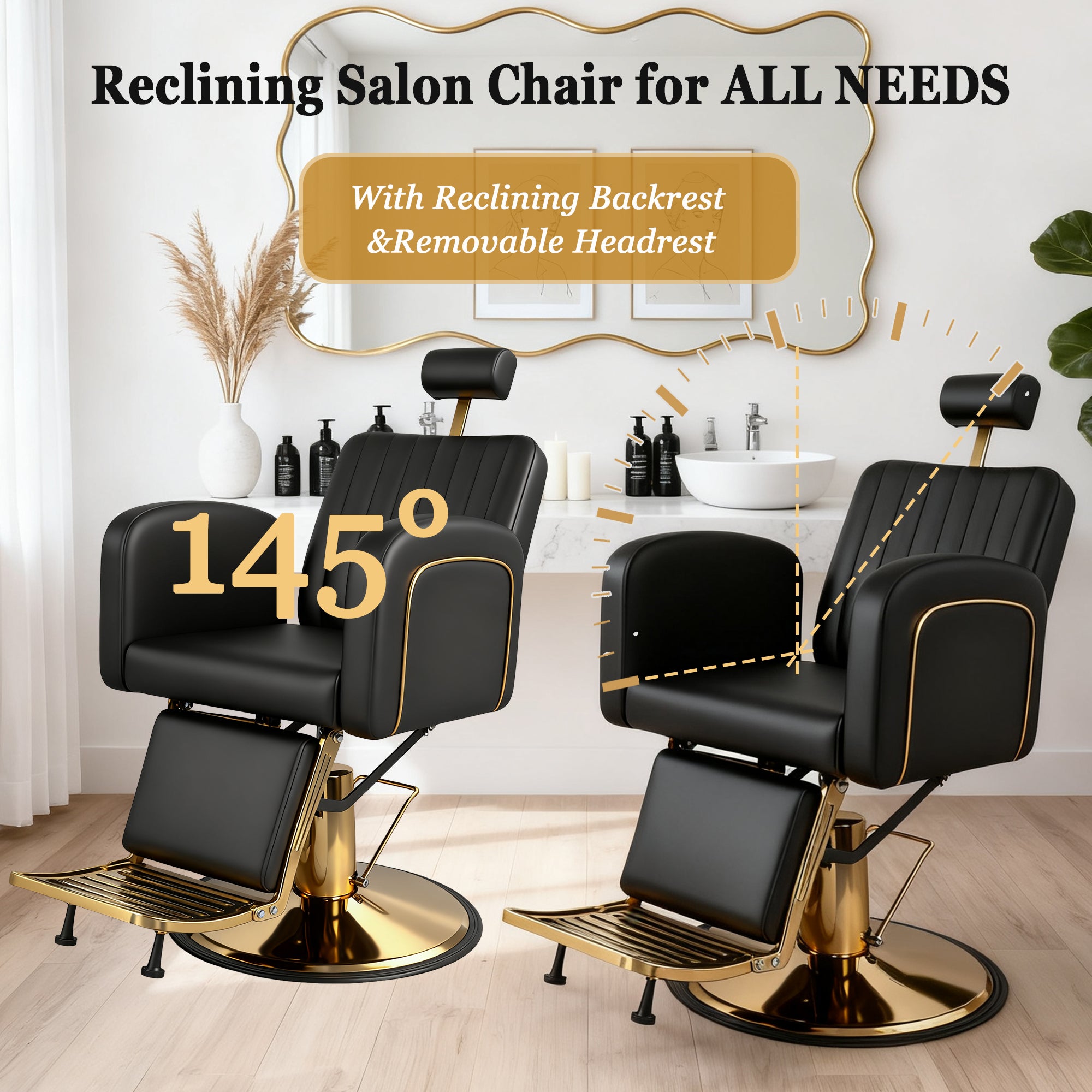 Vintage Barber Chairs for Barbershop, Reclining Salon Chair for Hair Stylist with Heavy Duty Hydraulic Pump, Multi-functional Hair Styling Chairs for Salon Barbershop for Hair Stylist, Black Gold