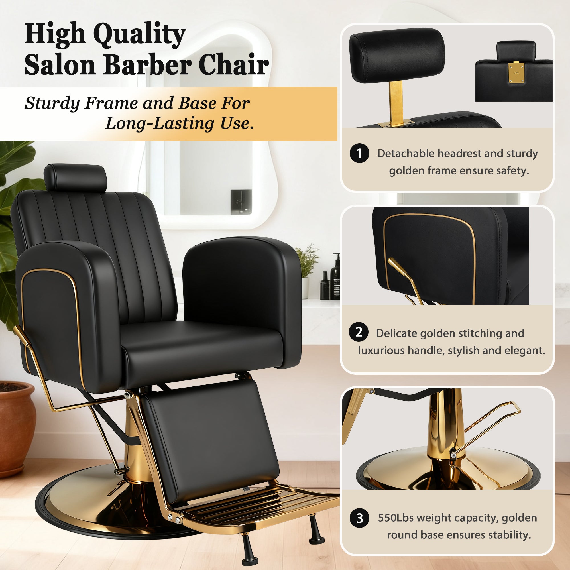 Vintage Barber Chairs for Barbershop, Reclining Salon Chair for Hair Stylist with Heavy Duty Hydraulic Pump, Multi-functional Hair Styling Chairs for Salon Barbershop for Hair Stylist, Black Gold