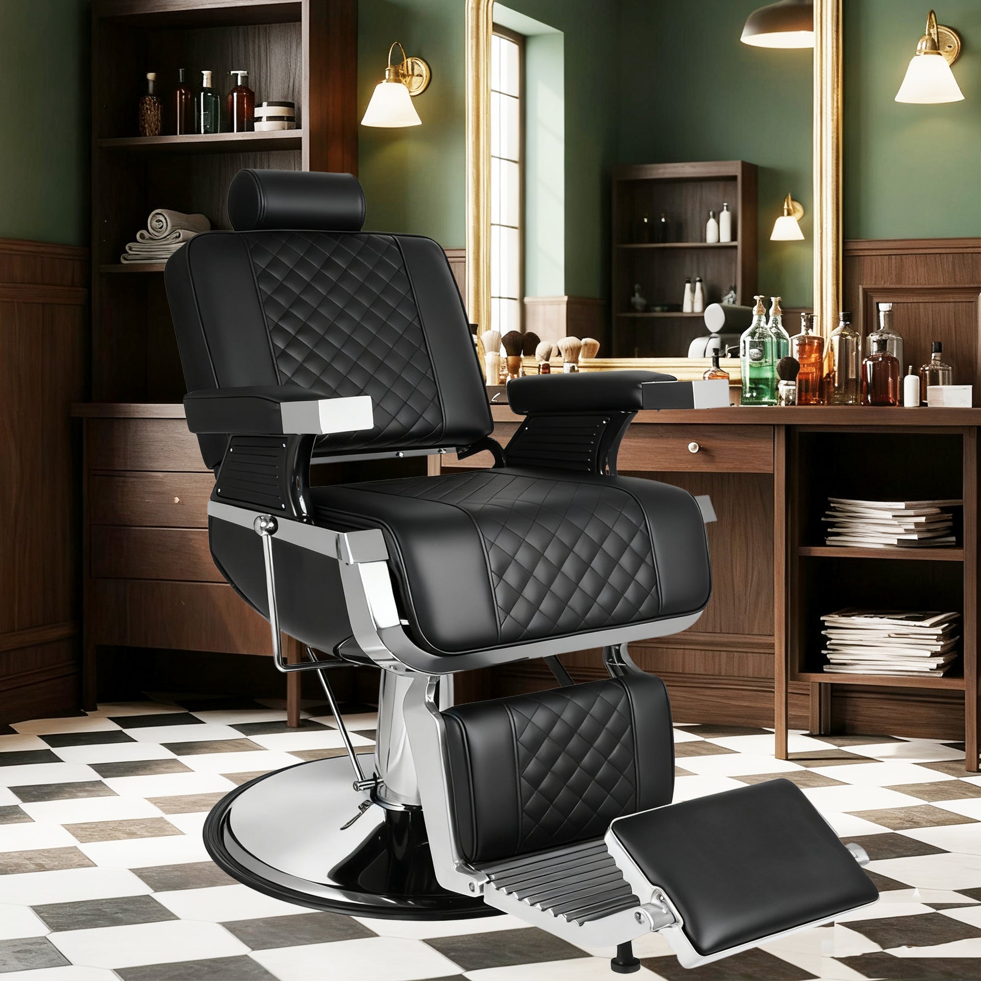 Reclining Barber Chair, Heavy Duty Barber Chair for Barbershop, Hydraulic Barber Salon Chairs, Eisenhower Diamond Stitch PU Leather, Adjustable Headrest & Footrest, 360° Swivel, Black and Silver