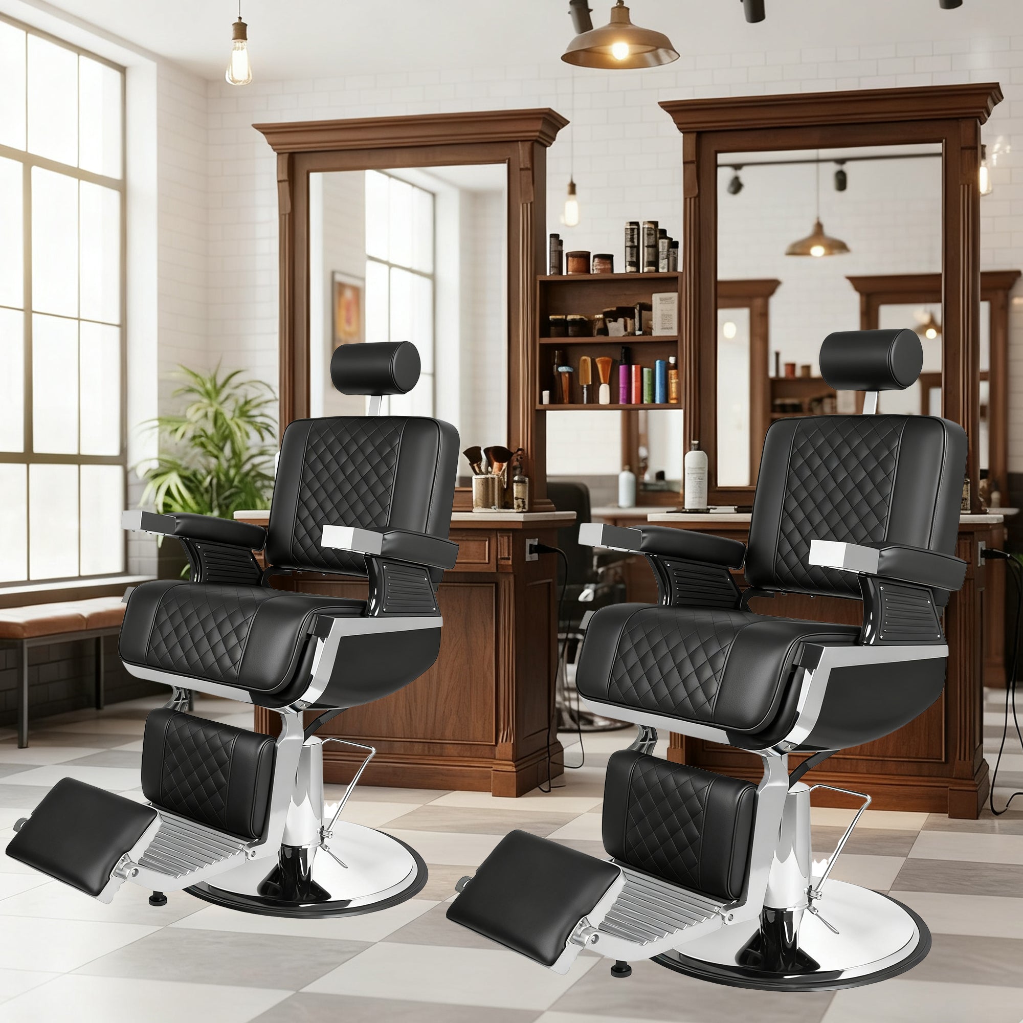 Reclining Barber Chair, Heavy Duty Barber Chair for Barbershop, Hydraulic Barber Salon Chairs, Eisenhower Diamond Stitch PU Leather, Adjustable Headrest & Footrest, 360° Swivel, Black and Silver