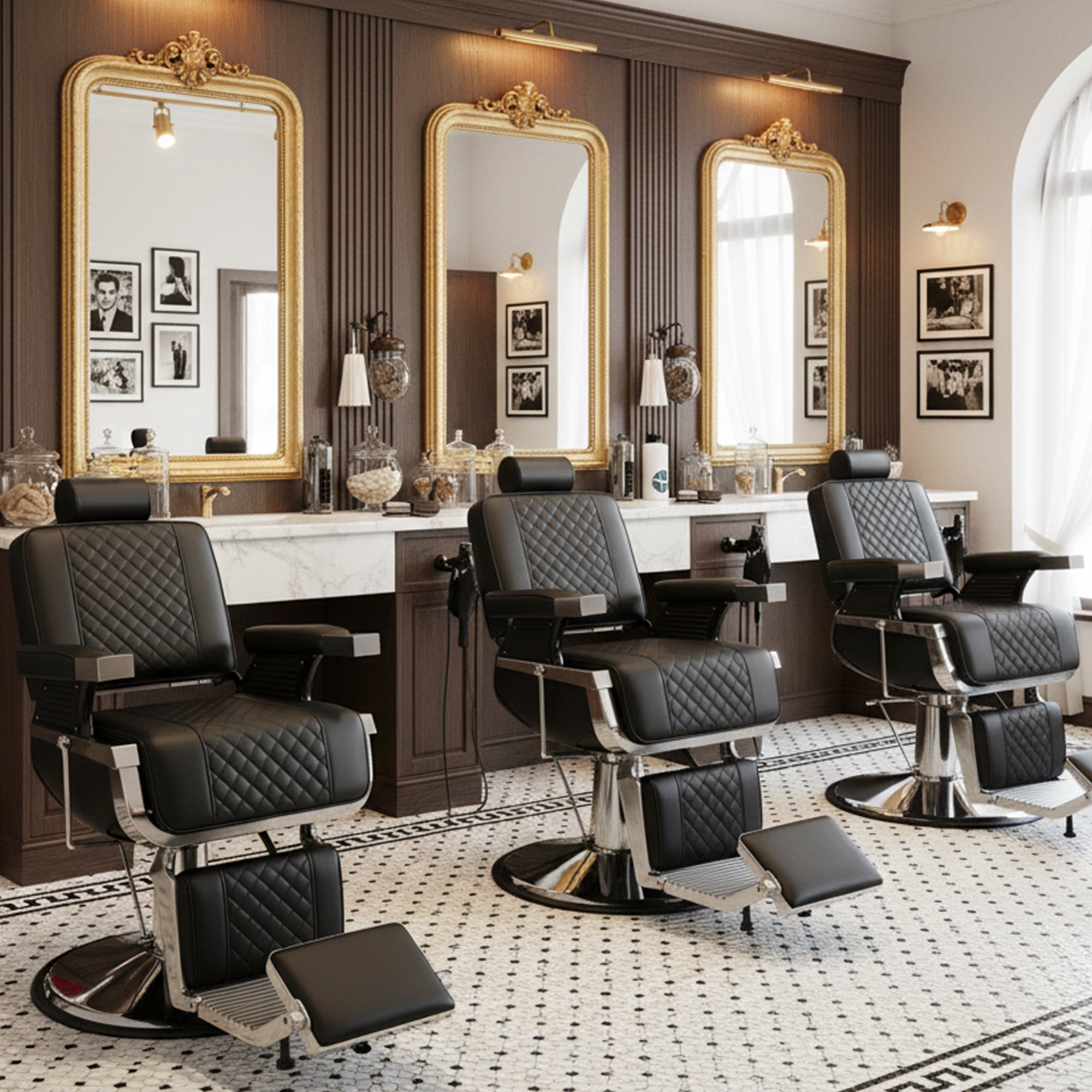 Reclining Barber Chair, Heavy Duty Barber Chair for Barbershop, Hydraulic Barber Salon Chairs, Eisenhower Diamond Stitch PU Leather, Adjustable Headrest & Footrest, 360° Swivel, Black and Silver