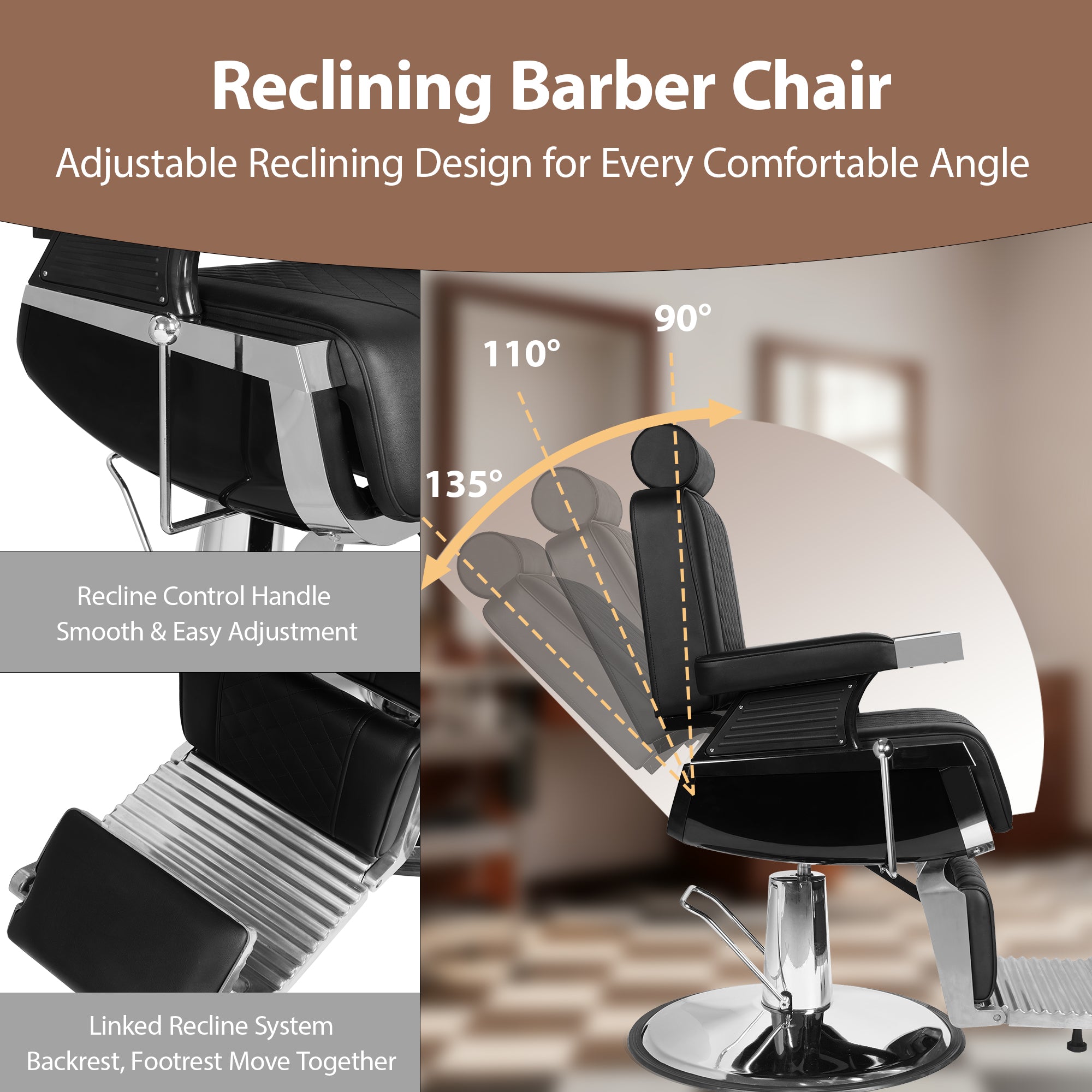 Reclining Barber Chair, Heavy Duty Barber Chair for Barbershop, Hydraulic Barber Salon Chairs, Eisenhower Diamond Stitch PU Leather, Adjustable Headrest & Footrest, 360° Swivel, Black and Silver
