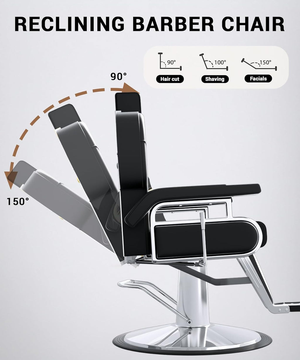 Heavy Duty Reclining Salon Chair for Hair Stylist, Barber Chair for Home Barbershop with Adjustable Headrest, 360° Swivel, Styling Chair Multi-Use for Hair Stylists, Spa & Tattoo (Black Silver)