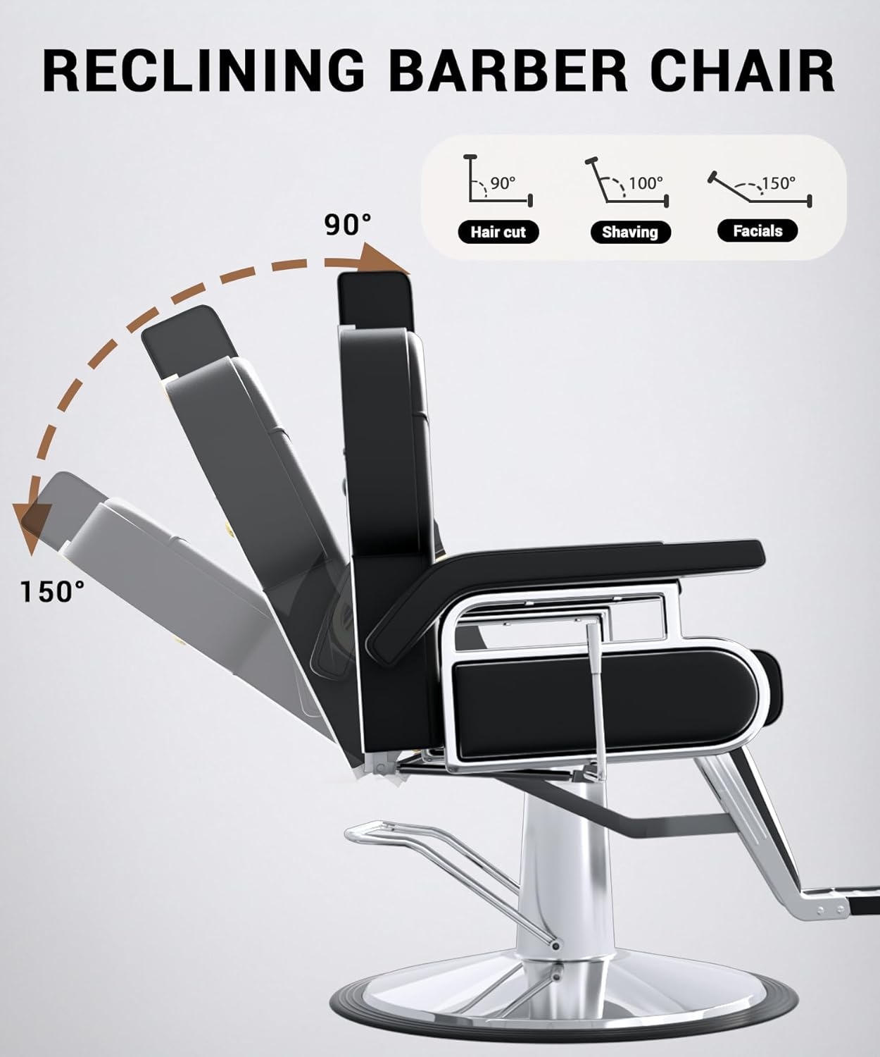 Heavy Duty Reclining Salon Chair for Hair Stylist, Barber Chair for Home Barbershop with Adjustable Headrest, 360° Swivel, Styling Chair Multi-Use for Hair Stylists, Spa & Tattoo (Black Silver)