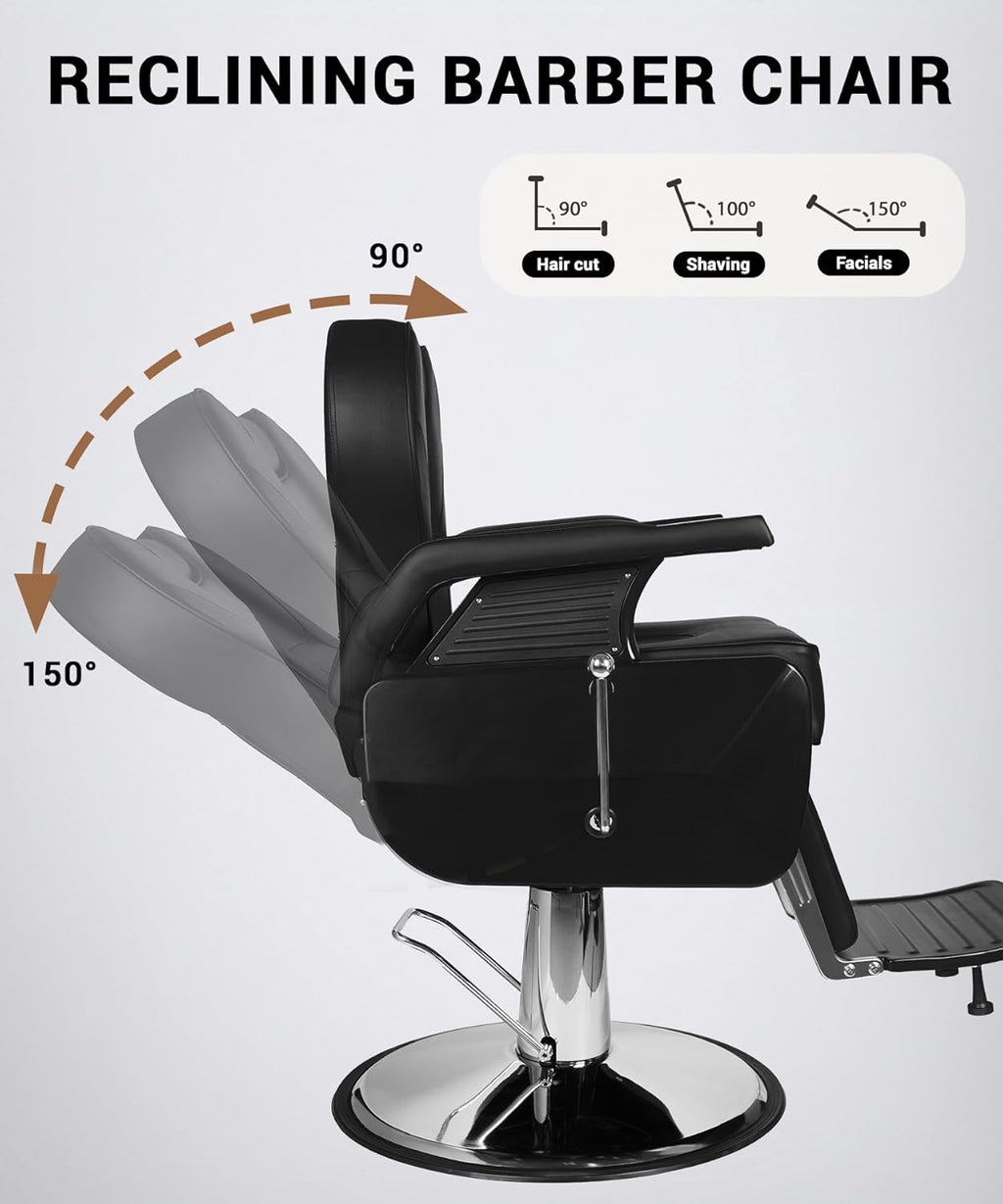 Professional Black Barber Chair for Barbershop, Heavy Duty Hydraulic Reclining Barber Chair with Adjustable Headrest & Footrest, 360° Swivel All-Purpose Barber Chairs