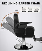 Professional Black Barber Chair for Barbershop, Heavy Duty Hydraulic Reclining Barber Chair with Adjustable Headrest & Footrest, 360° Swivel All-Purpose Barber Chairs