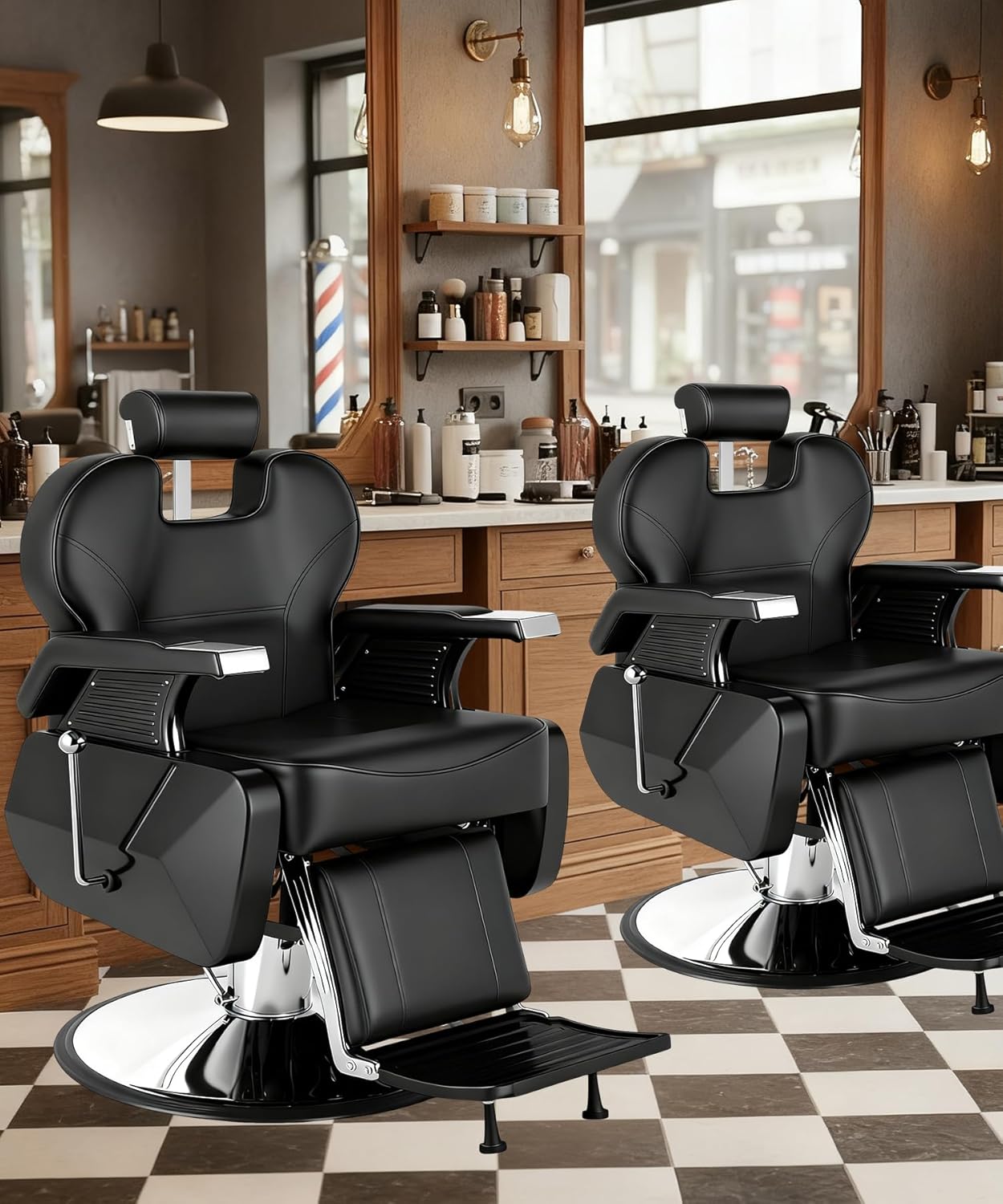 Professional Black Barber Chair for Barbershop, Heavy Duty Hydraulic Reclining Barber Chair with Adjustable Headrest & Footrest, 360° Swivel All-Purpose Barber Chairs