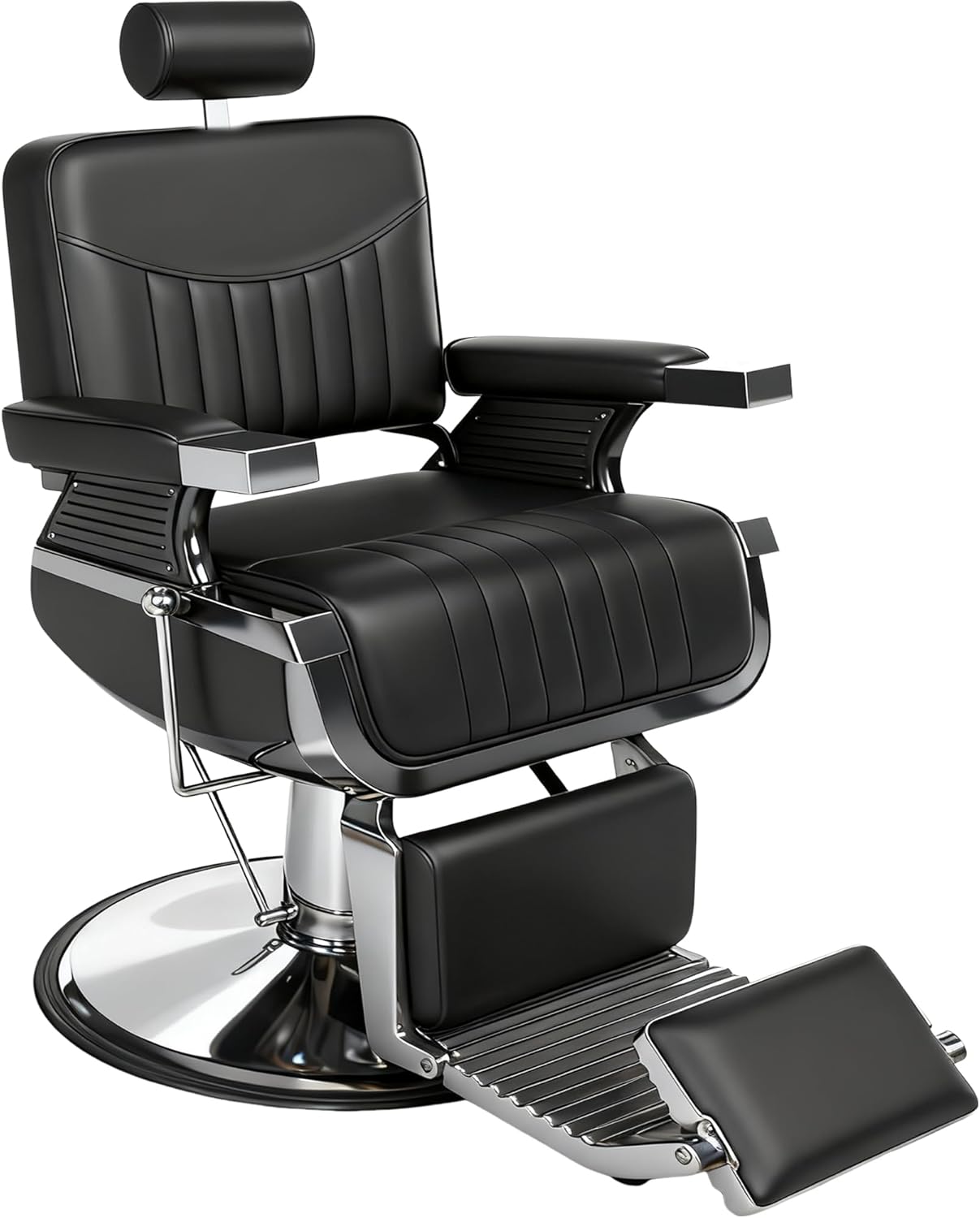 Barber Chair, Modern Hydraulic Reclining Barber Salon Chair with Vertical Stitch PU Leather, Adjustable Headrest & Footrest, 360° Swivel Heavy Duty All Purpose Barber Chair, Black and Silver