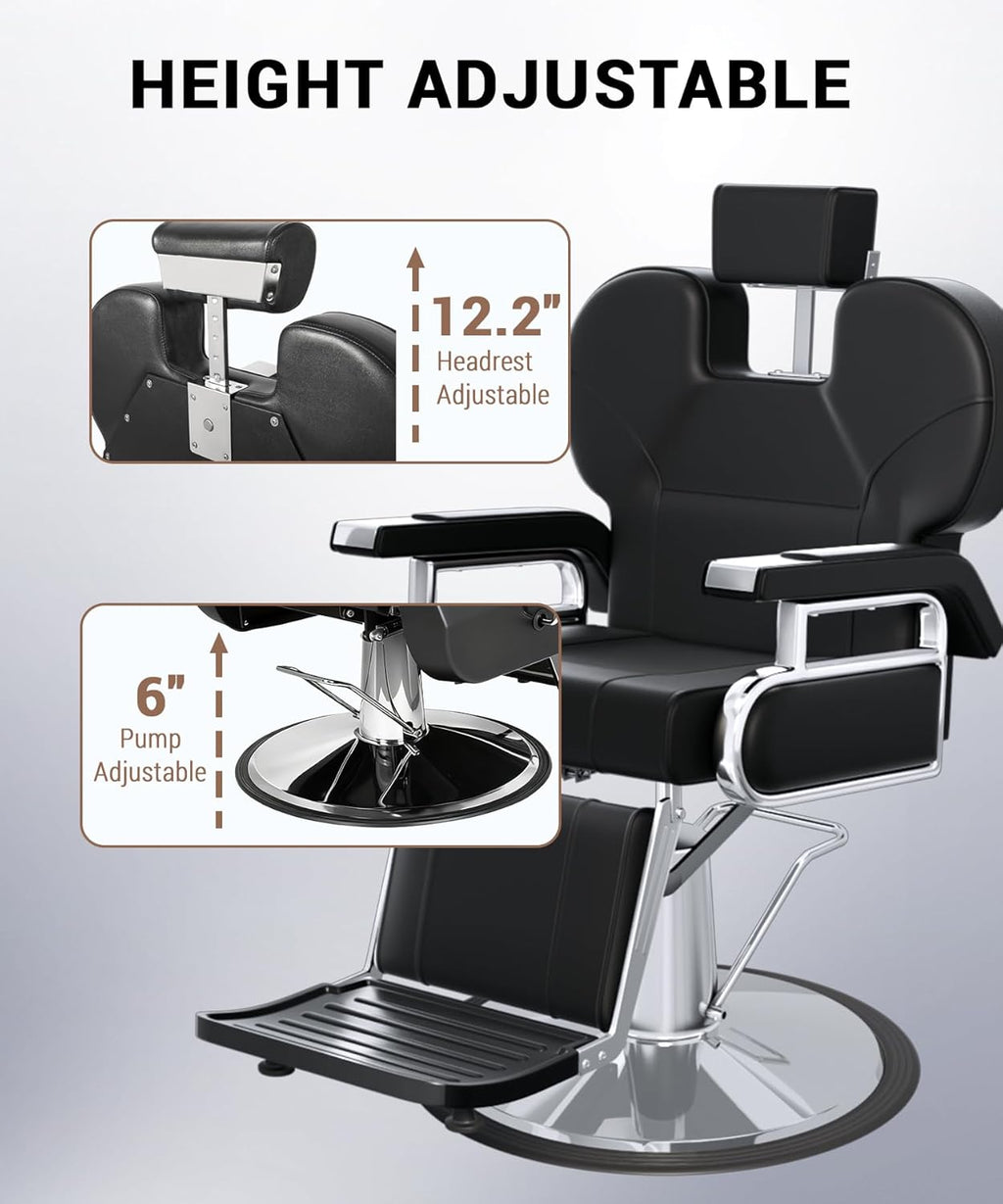 Heavy Duty Reclining Salon Chair for Hair Stylist, Barber Chair for Home Barbershop with Adjustable Headrest, 360° Swivel, Styling Chair Multi-Use for Hair Stylists, Spa & Tattoo (Black Silver)