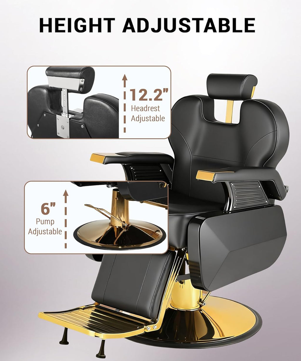 Barber Chair, Heavy Duty Barber Chair for Home Reclining Barber Chair with Adjustable Headrest & Footrest, All-Purpose Barber Chairs Adjustable Hydraulic 360° Swivel, Black Gold