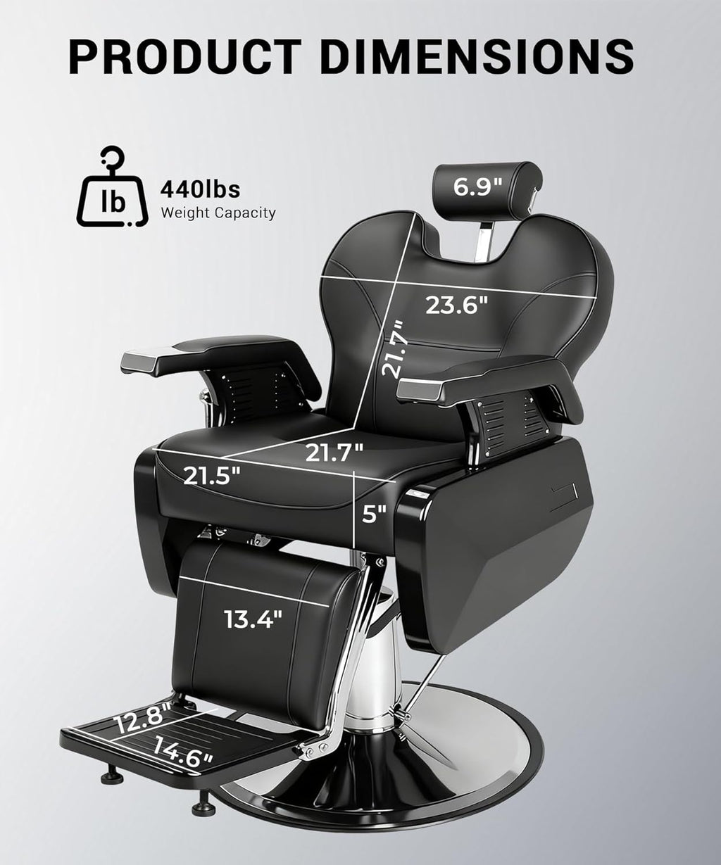 Professional Black Barber Chair for Barbershop, Heavy Duty Hydraulic Reclining Barber Chair with Adjustable Headrest & Footrest, 360° Swivel All-Purpose Barber Chairs