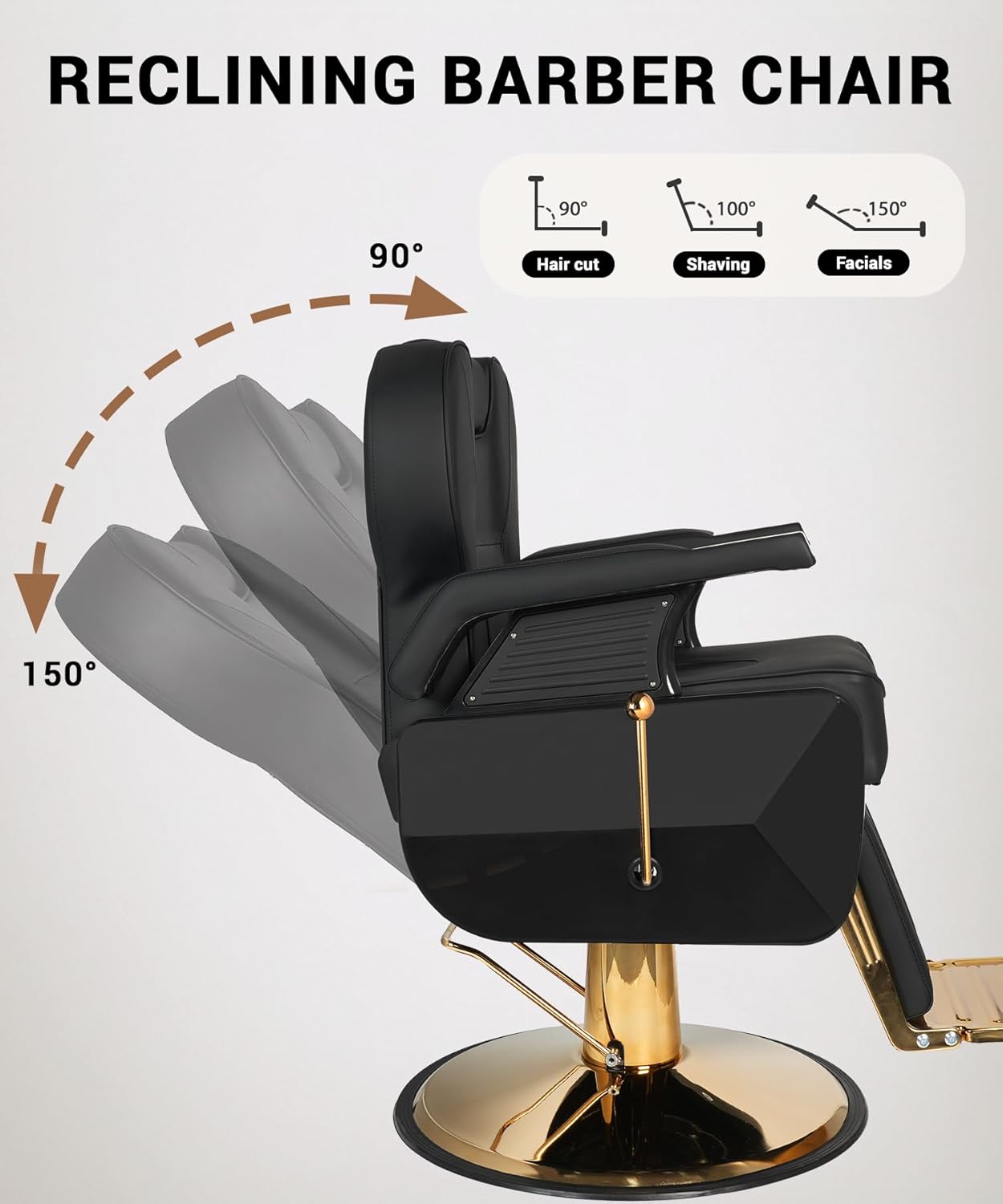 Barber Chair, Heavy Duty Barber Chair for Home Reclining Barber Chair with Adjustable Headrest & Footrest, All-Purpose Barber Chairs Adjustable Hydraulic 360° Swivel, Black Gold