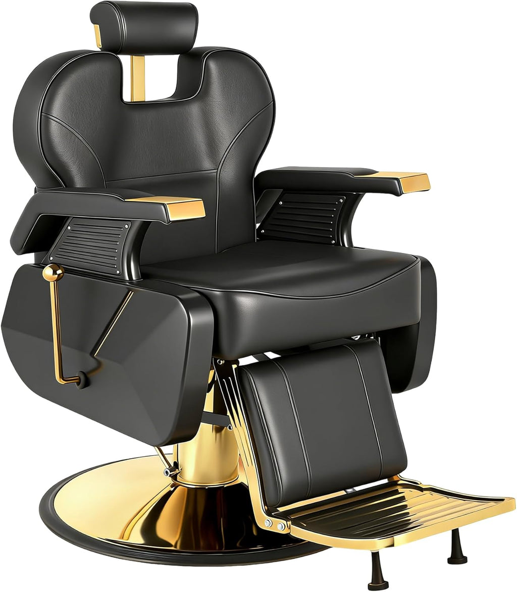 Barber Chair, Heavy Duty Barber Chair for Home Reclining Barber Chair with Adjustable Headrest & Footrest, All-Purpose Barber Chairs Adjustable Hydraulic 360° Swivel, Black Gold