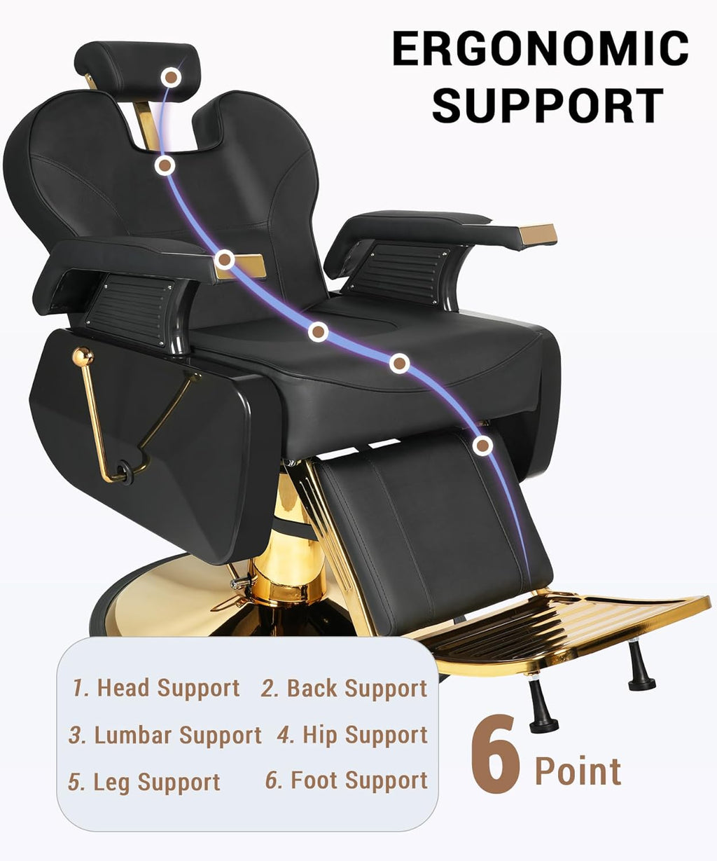 Barber Chair, Heavy Duty Barber Chair for Home Reclining Barber Chair with Adjustable Headrest & Footrest, All-Purpose Barber Chairs Adjustable Hydraulic 360° Swivel, Black Gold
