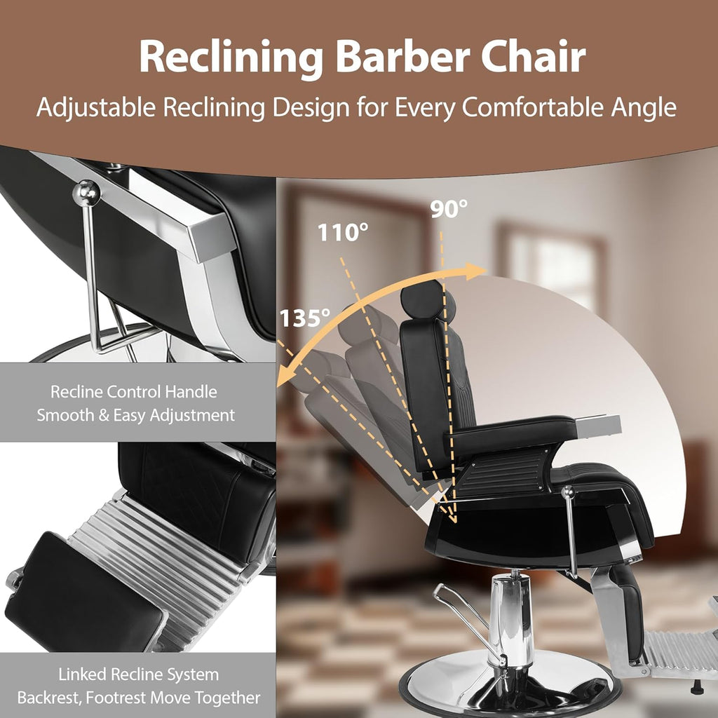 Barber Chair, Modern Hydraulic Reclining Barber Salon Chair with Vertical Stitch PU Leather, Adjustable Headrest & Footrest, 360° Swivel Heavy Duty All Purpose Barber Chair, Black and Silver