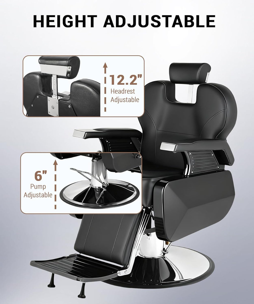 Professional Black Barber Chair for Barbershop, Heavy Duty Hydraulic Reclining Barber Chair with Adjustable Headrest & Footrest, 360° Swivel All-Purpose Barber Chairs