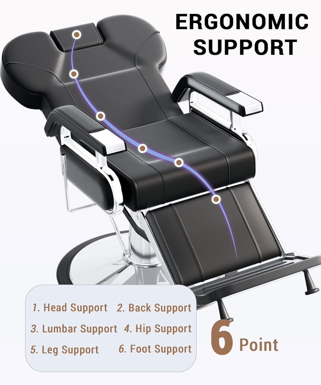 Heavy Duty Reclining Salon Chair for Hair Stylist, Barber Chair for Home Barbershop with Adjustable Headrest, 360° Swivel, Styling Chair Multi-Use for Hair Stylists, Spa & Tattoo (Black Silver)