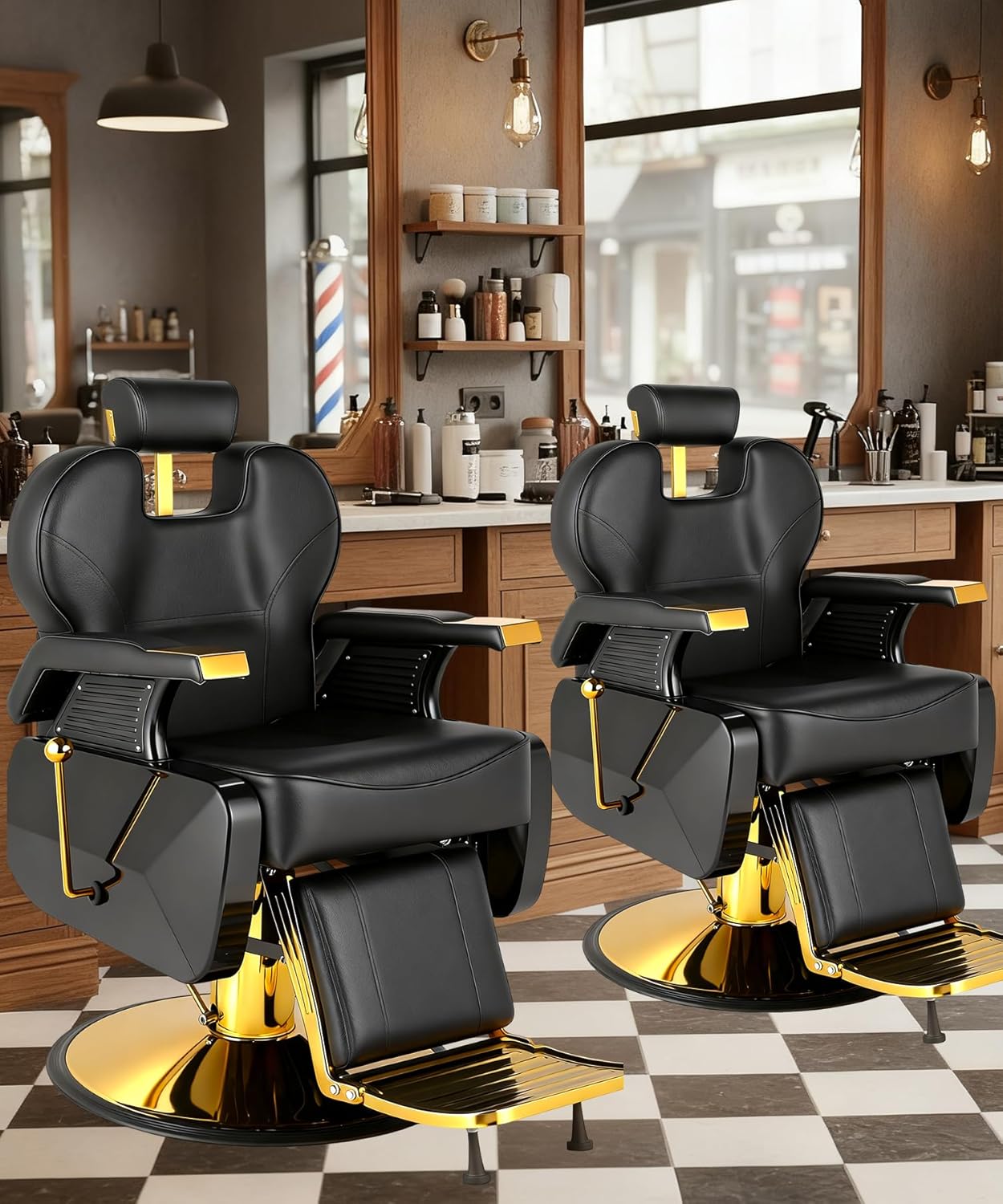 Barber Chair, Heavy Duty Barber Chair for Home Reclining Barber Chair with Adjustable Headrest & Footrest, All-Purpose Barber Chairs Adjustable Hydraulic 360° Swivel, Black Gold