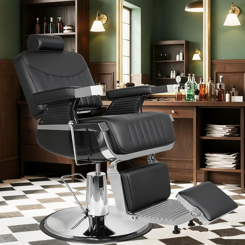 Barber Chair, Modern Hydraulic Reclining Barber Salon Chair with Vertical Stitch PU Leather, Adjustable Headrest & Footrest, 360° Swivel Heavy Duty All Purpose Barber Chair, Black and Silver