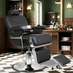 Barber Chair, Modern Hydraulic Reclining Barber Salon Chair with Vertical Stitch PU Leather, Adjustable Headrest & Footrest, 360° Swivel Heavy Duty All Purpose Barber Chair, Black and Silver