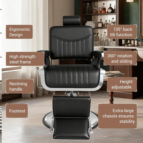Barber Chair, Modern Hydraulic Reclining Barber Salon Chair with Vertical Stitch PU Leather, Adjustable Headrest & Footrest, 360° Swivel Heavy Duty All Purpose Barber Chair, Black and Silver