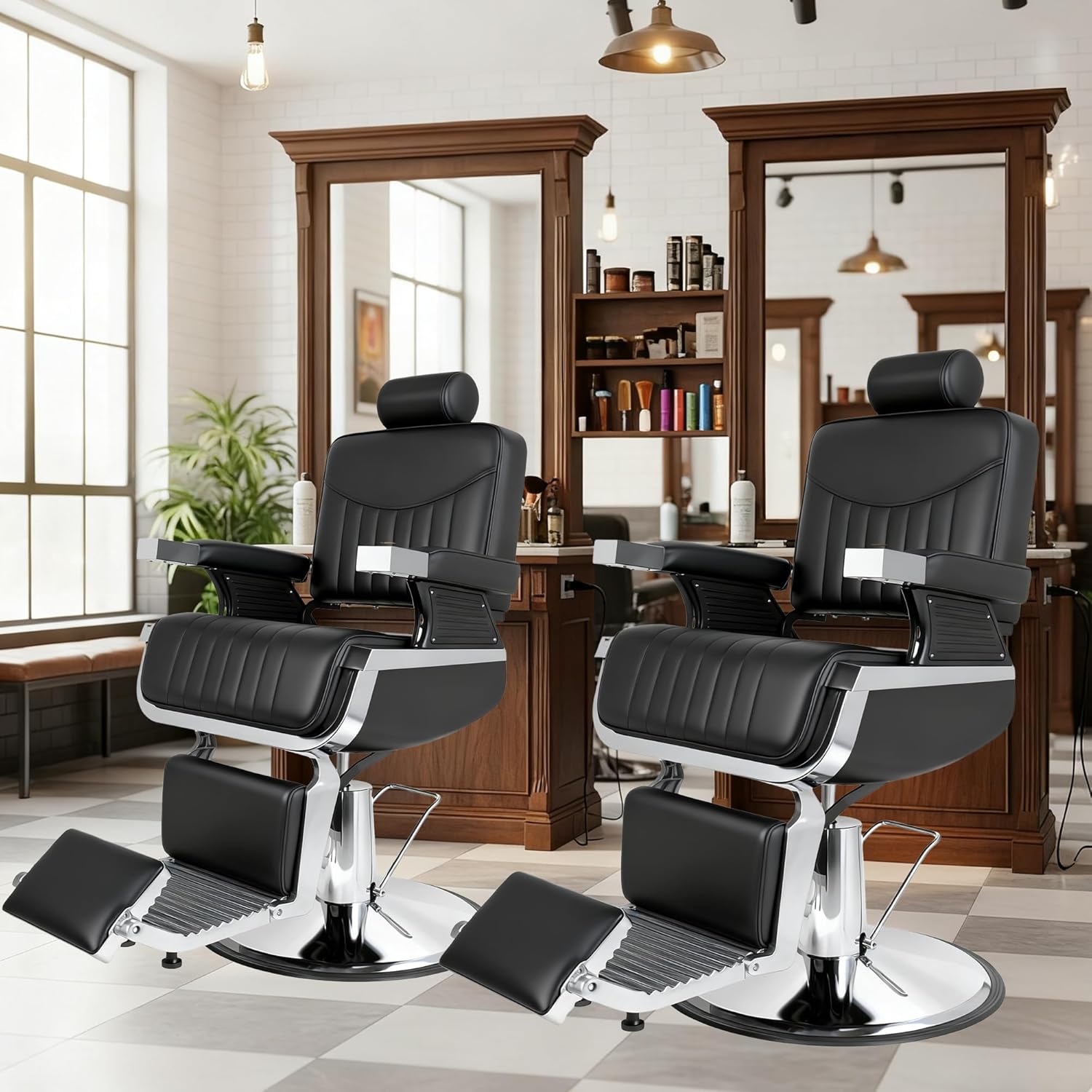 Barber Chair, Modern Hydraulic Reclining Barber Salon Chair with Vertical Stitch PU Leather, Adjustable Headrest & Footrest, 360° Swivel Heavy Duty All Purpose Barber Chair, Black and Silver