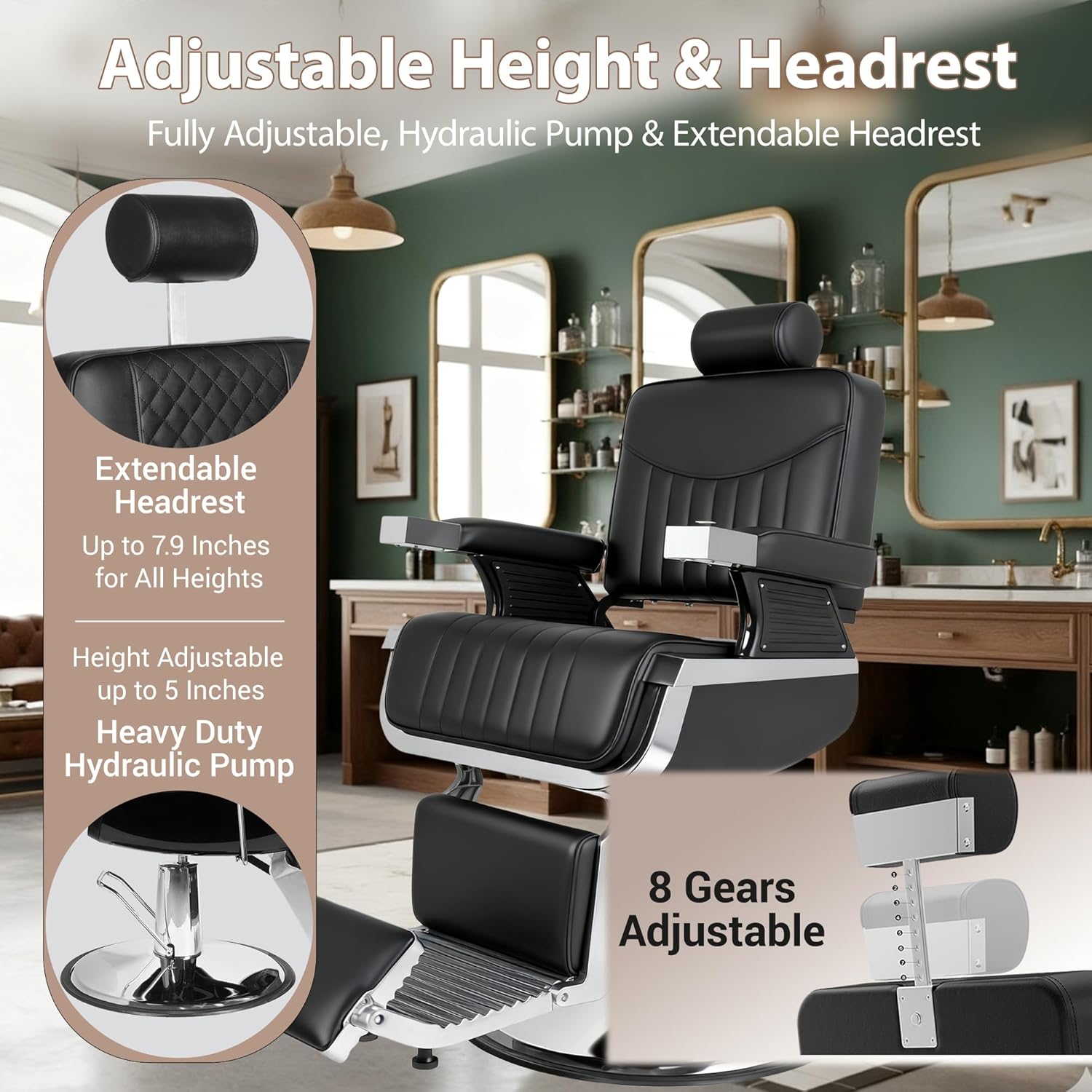 Barber Chair, Modern Hydraulic Reclining Barber Salon Chair with Vertical Stitch PU Leather, Adjustable Headrest & Footrest, 360° Swivel Heavy Duty All Purpose Barber Chair, Black and Silver