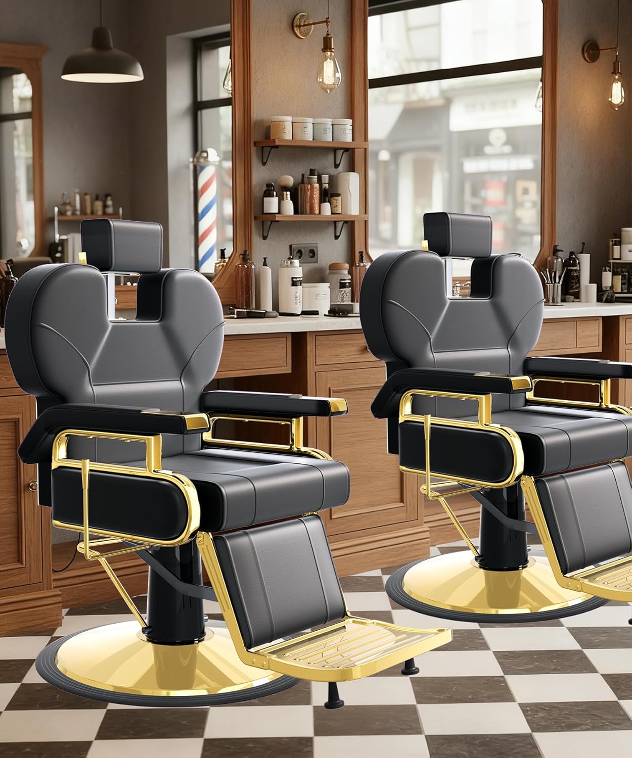 Heavy Duty Reclining Salon Chair for Hair Stylist, Barber Chair for Home Barbershop with Adjustable Headrest, 360° Swivel, Styling Chair Multi-Use for Hair Stylists, Spa & Tattoo, Gold Black