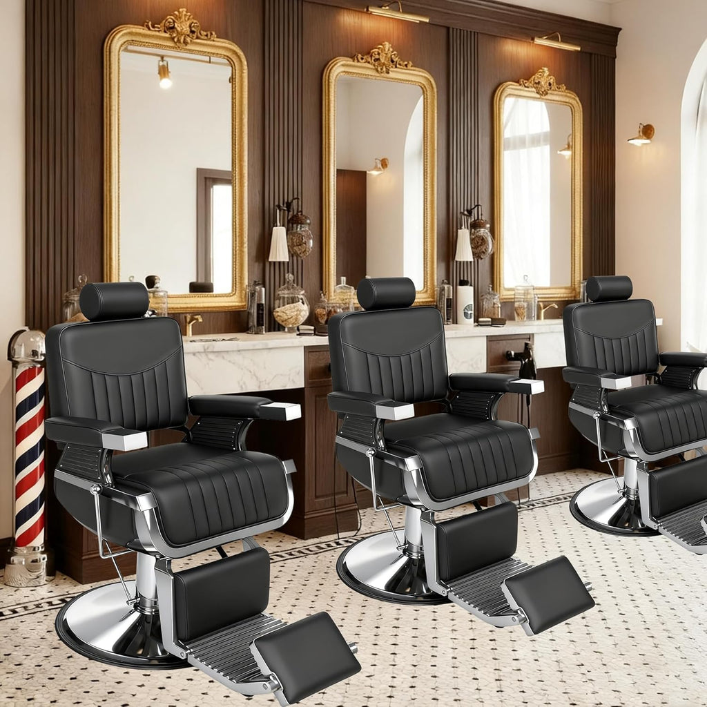 Barber Chair, Modern Hydraulic Reclining Barber Salon Chair with Vertical Stitch PU Leather, Adjustable Headrest & Footrest, 360° Swivel Heavy Duty All Purpose Barber Chair, Black and Silver