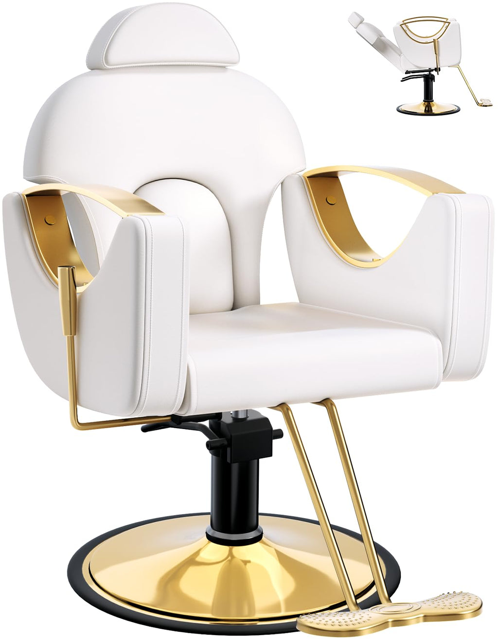 Salon Barber Chair for Hair Stylist, Professional Reclining Hydraulic Styling Chair with Heavy-Duty Pump, All Purpose Hairdresser Chair for Barbershop, Braiding, Shampoo, Spa Equipment, White Gold