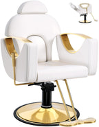 Salon Barber Chair for Hair Stylist, Professional Reclining Hydraulic Styling Chair with Heavy-Duty Pump, All Purpose Hairdresser Chair for Barbershop, Braiding, Shampoo, Spa Equipment, White Gold