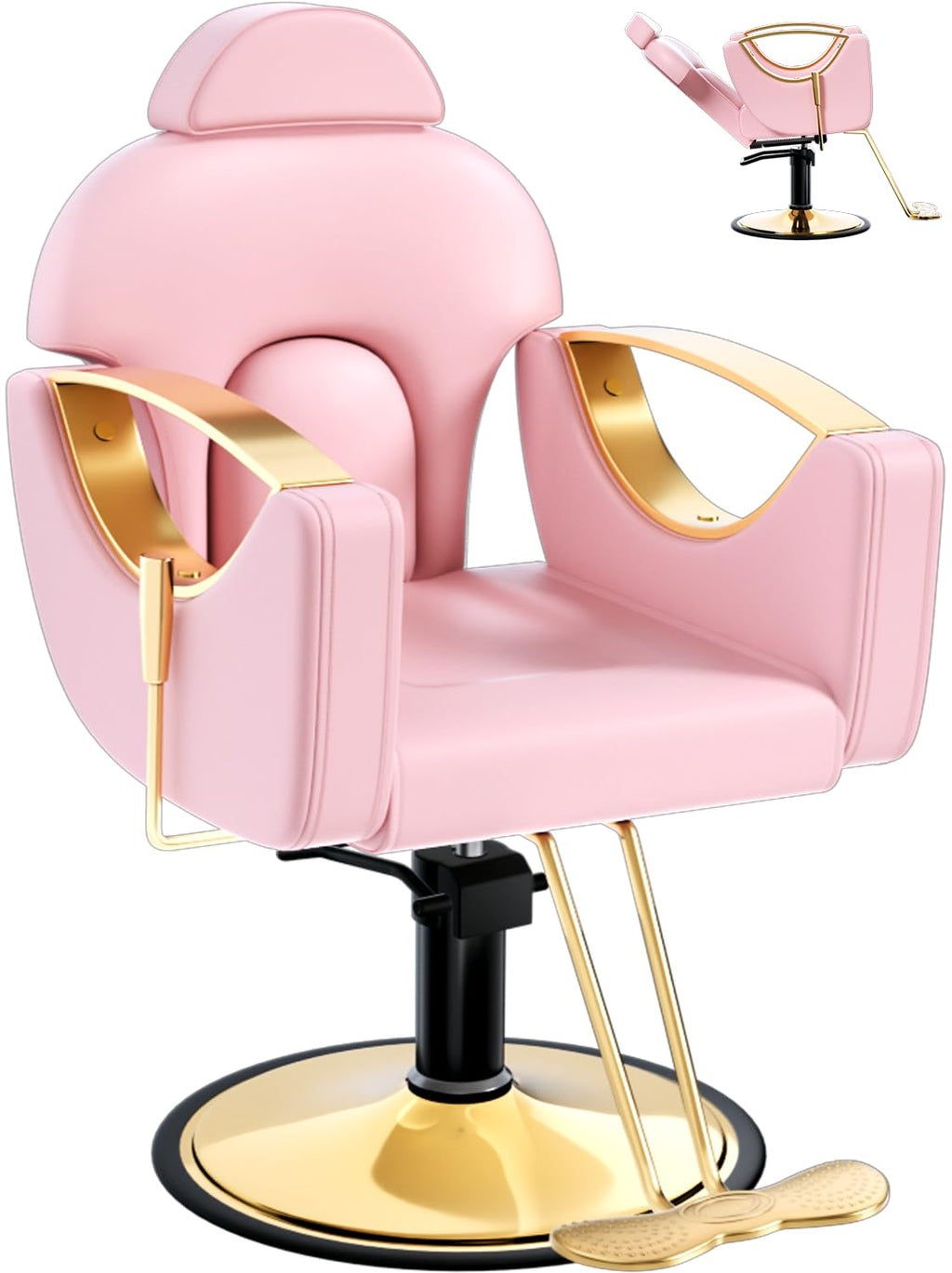 Salon Barber Chair for Hair Stylist, Professional Reclining Hydraulic Styling Chair with Heavy-Duty Pump, All Purpose Hairdresser Chair for Barbershop, Braiding, Shampoo, Spa Equipment, Cute Pink