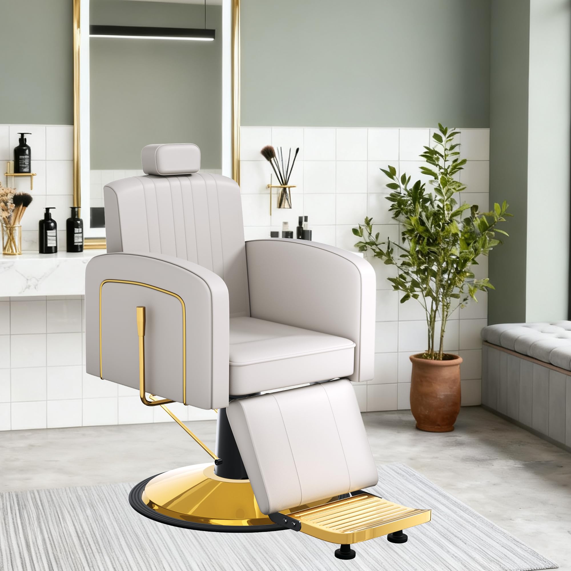 Vintage Barber Chairs for Barbershop, Reclining Salon Chair for Hair Stylist with Heavy Duty Hydraulic Pump, Multi-functional Hair Styling Chairs for Salon Barbershop for Hair Stylist, Gray Gold