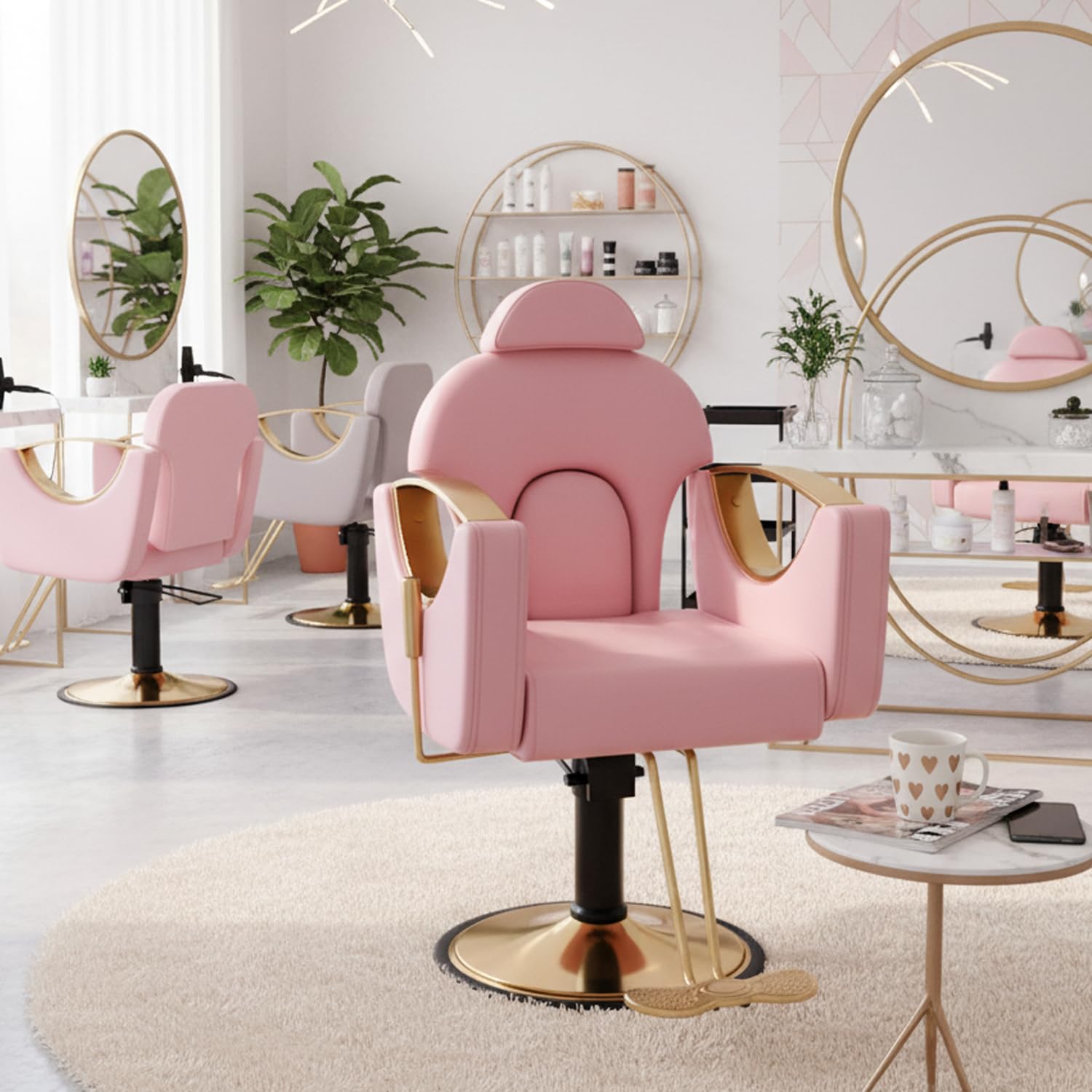 Salon Barber Chair for Hair Stylist, Professional Reclining Hydraulic Styling Chair with Heavy-Duty Pump, All Purpose Hairdresser Chair for Barbershop, Braiding, Shampoo, Spa Equipment, Cute Pink