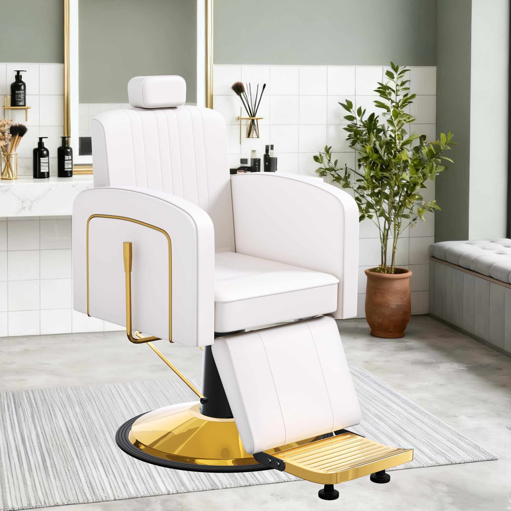 Vintage Barber Chairs for Barbershop, Reclining Salon Chair for Hair Stylist with Heavy Duty Hydraulic Pump, Multi-functional Hair Styling Chairs for Salon Barbershop for Hair Stylist, White Gold