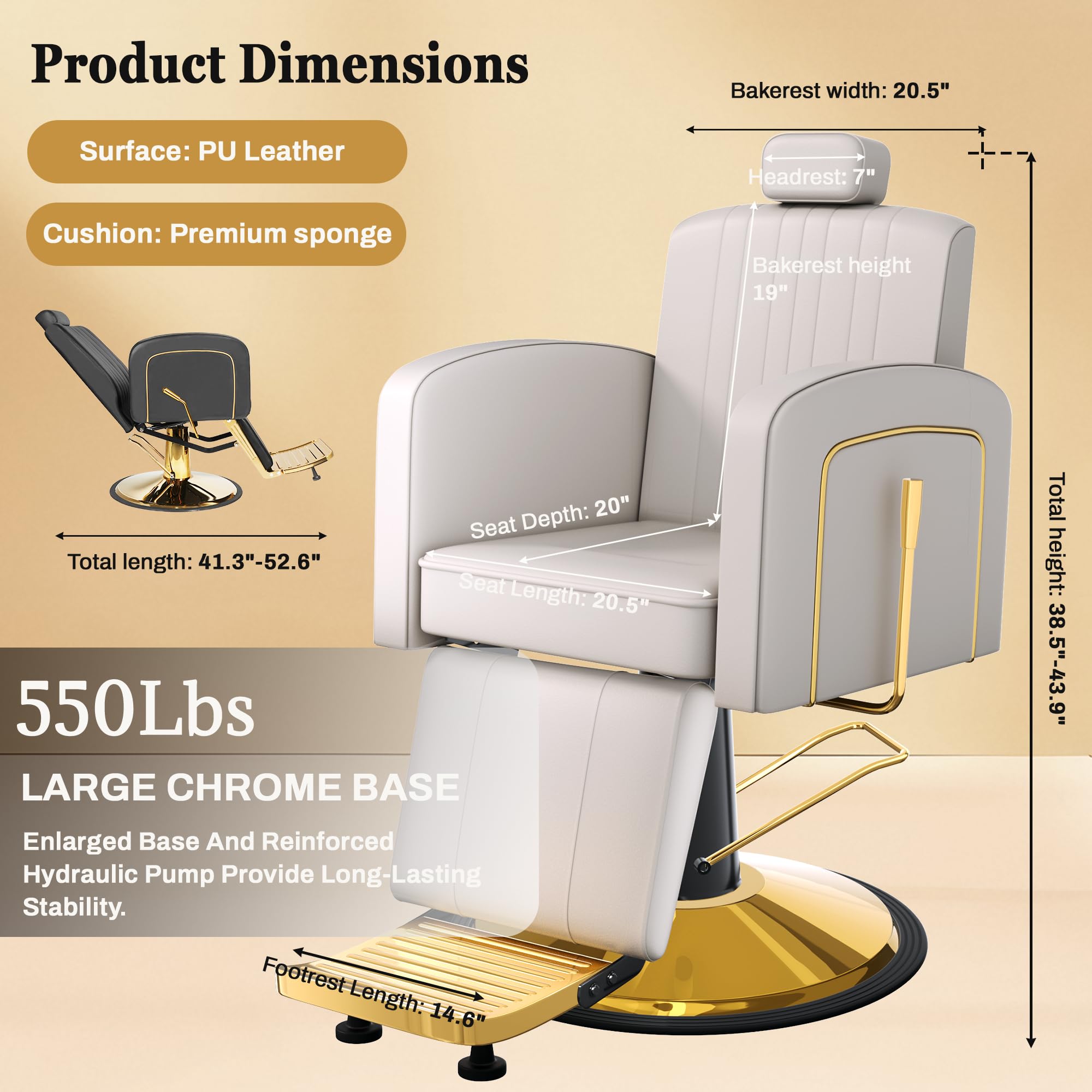 Vintage Barber Chairs for Barbershop, Reclining Salon Chair for Hair Stylist with Heavy Duty Hydraulic Pump, Multi-functional Hair Styling Chairs for Salon Barbershop for Hair Stylist, Gray Gold