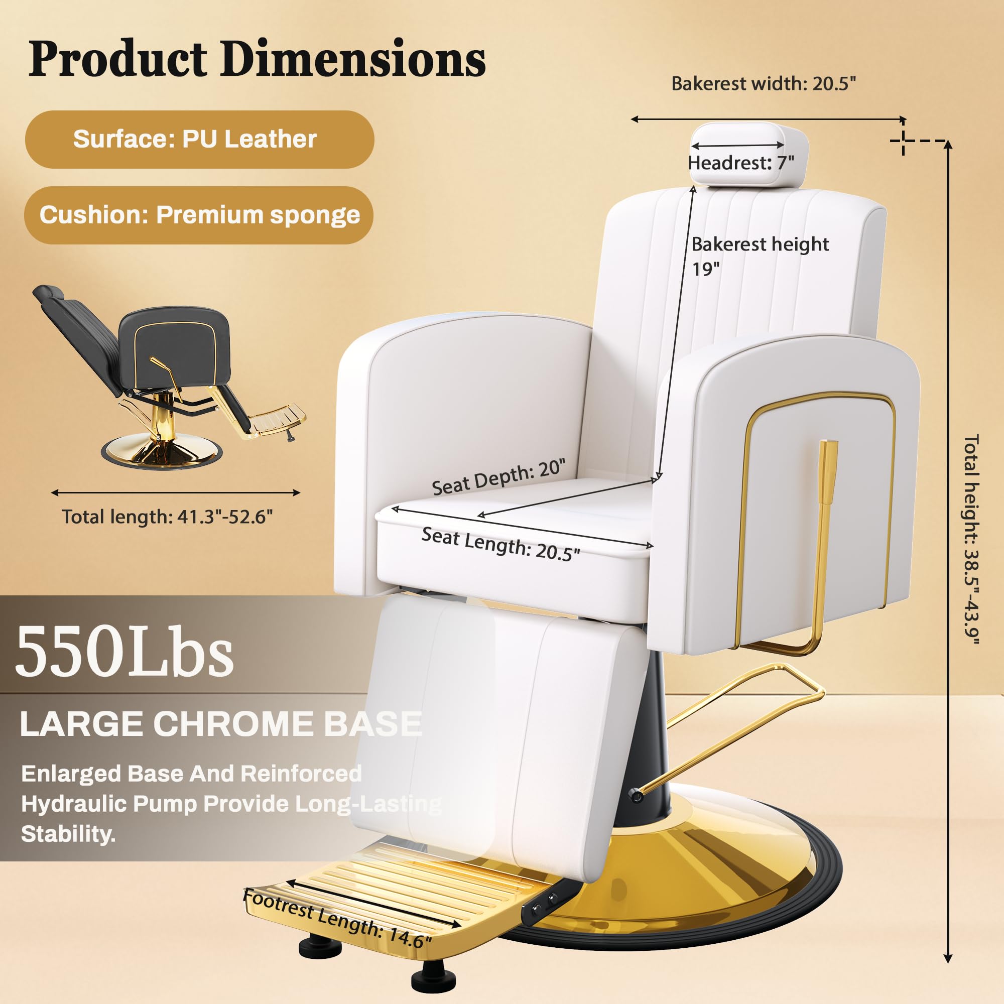 Vintage Barber Chairs for Barbershop, Reclining Salon Chair for Hair Stylist with Heavy Duty Hydraulic Pump, Multi-functional Hair Styling Chairs for Salon Barbershop for Hair Stylist, White Gold