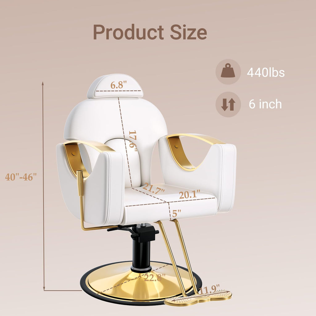 Salon Barber Chair for Hair Stylist, Professional Reclining Hydraulic Styling Chair with Heavy-Duty Pump, All Purpose Hairdresser Chair for Barbershop, Braiding, Shampoo, Spa Equipment, White Gold
