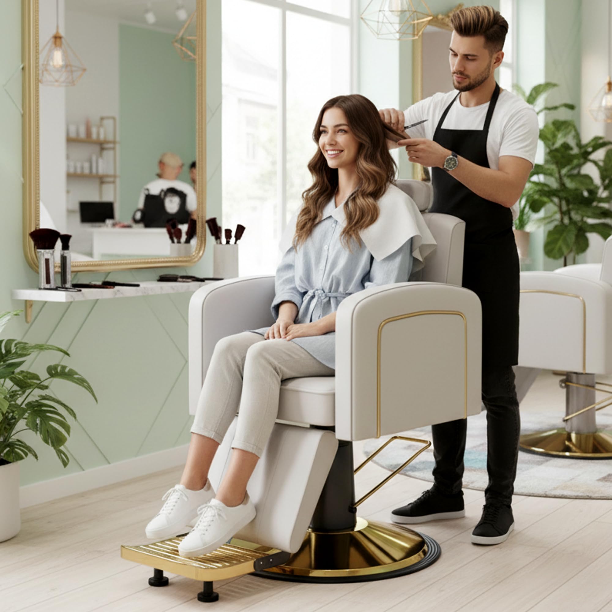 Vintage Barber Chairs for Barbershop, Reclining Salon Chair for Hair Stylist with Heavy Duty Hydraulic Pump, Multi-functional Hair Styling Chairs for Salon Barbershop for Hair Stylist, Gray Gold