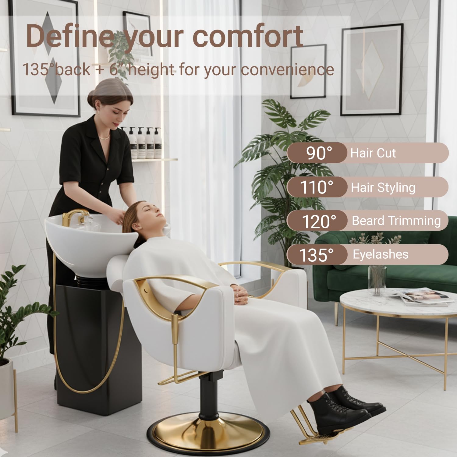 Salon Barber Chair for Hair Stylist, Professional Reclining Hydraulic Styling Chair with Heavy-Duty Pump, All Purpose Hairdresser Chair for Barbershop, Braiding, Shampoo, Spa Equipment, White Gold