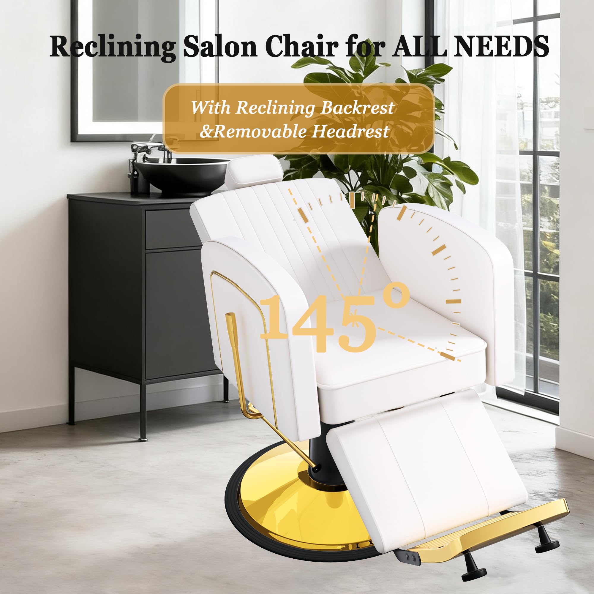 Vintage Barber Chairs for Barbershop, Reclining Salon Chair for Hair Stylist with Heavy Duty Hydraulic Pump, Multi-functional Hair Styling Chairs for Salon Barbershop for Hair Stylist, White Gold