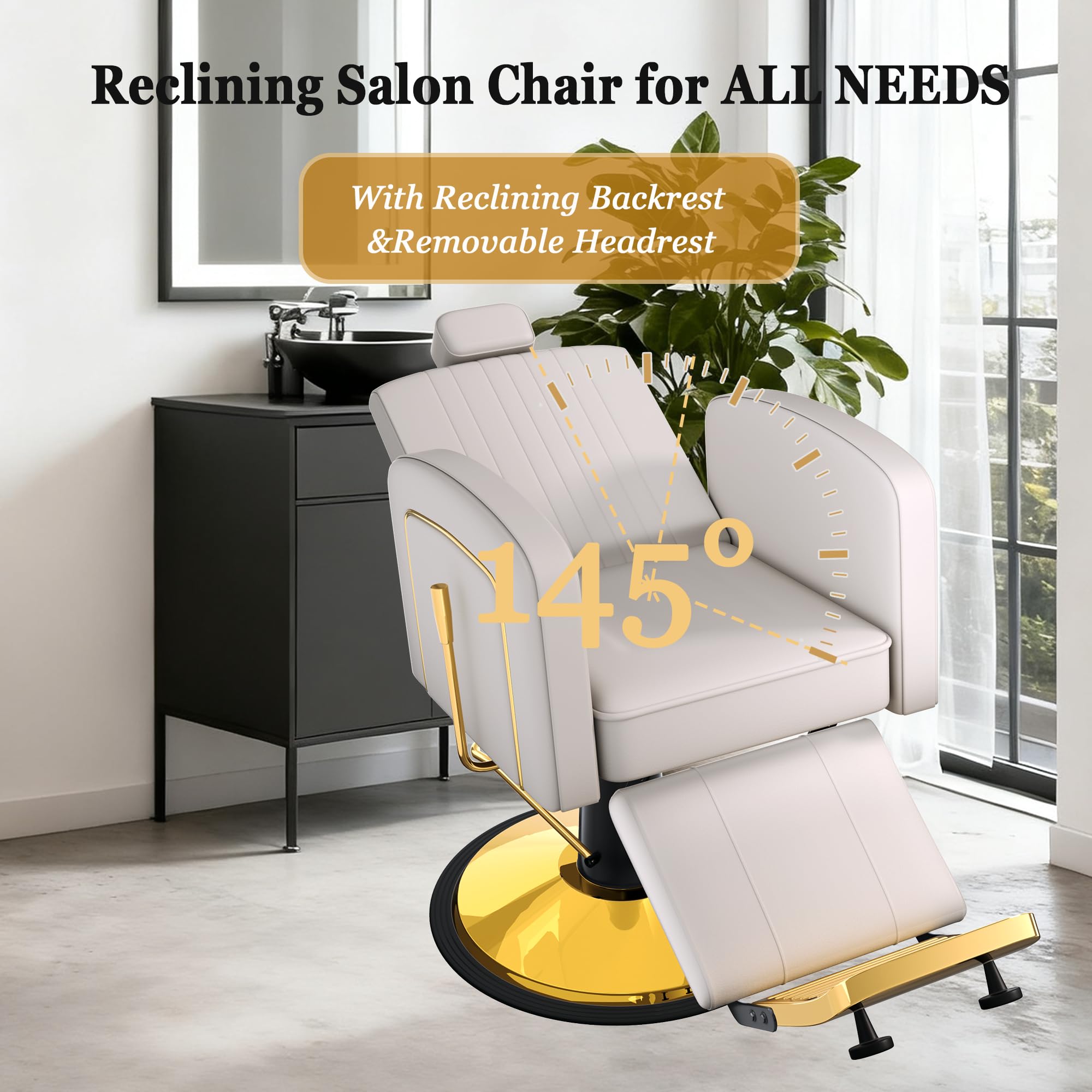 Vintage Barber Chairs for Barbershop, Reclining Salon Chair for Hair Stylist with Heavy Duty Hydraulic Pump, Multi-functional Hair Styling Chairs for Salon Barbershop for Hair Stylist, Gray Gold