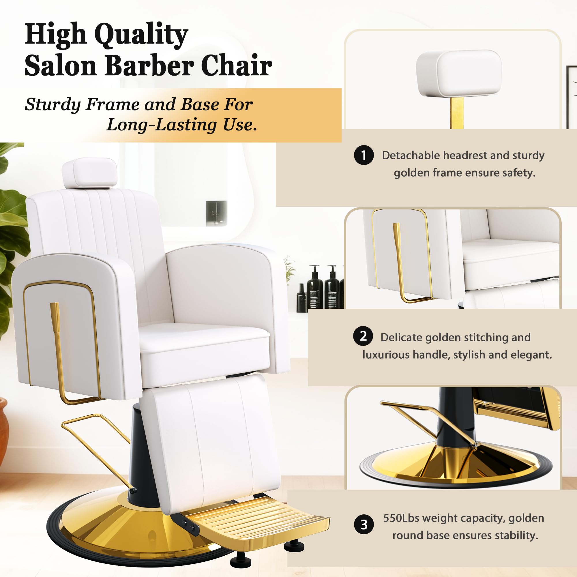 Vintage Barber Chairs for Barbershop, Reclining Salon Chair for Hair Stylist with Heavy Duty Hydraulic Pump, Multi-functional Hair Styling Chairs for Salon Barbershop for Hair Stylist, White Gold