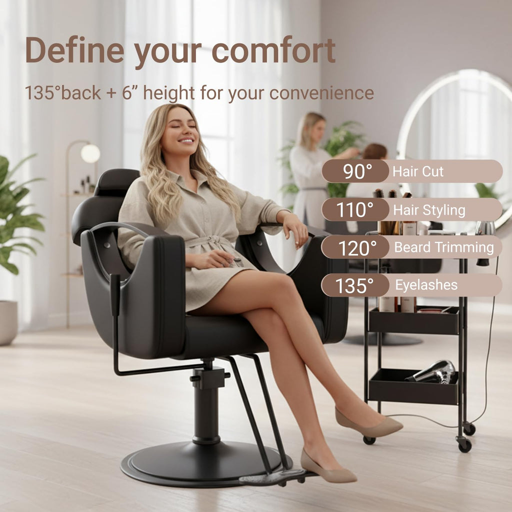 Salon Barber Chair for Hair Stylist, Professional Reclining Hydraulic Styling Chair with Heavy-Duty Pump, All Purpose Hairdresser Chair for Barbershop, Braiding, Shampoo, SpaSalon Equipment, All Black