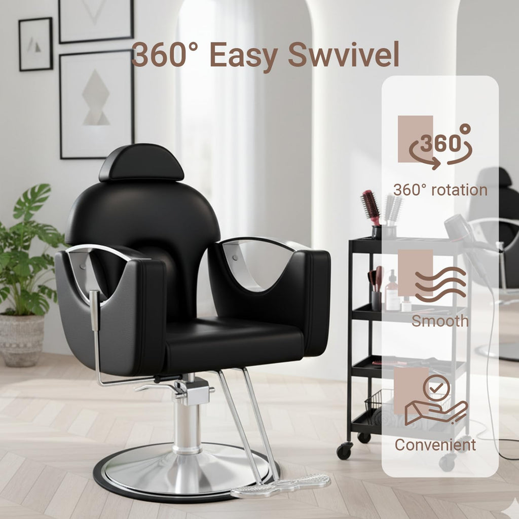 Salon Barber Chair for Hair Stylist, Professional Reclining Hydraulic Styling Chair with Heavy-Duty Pump, All Purpose Hairdresser Chair for Barbershop, Braiding, Shampoo, Spa Equipment, Cool Black