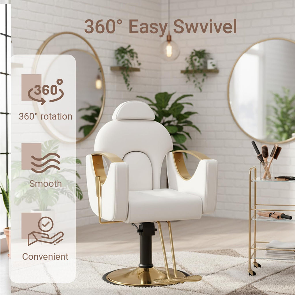 Salon Barber Chair for Hair Stylist, Professional Reclining Hydraulic Styling Chair with Heavy-Duty Pump, All Purpose Hairdresser Chair for Barbershop, Braiding, Shampoo, Spa Equipment, White Gold