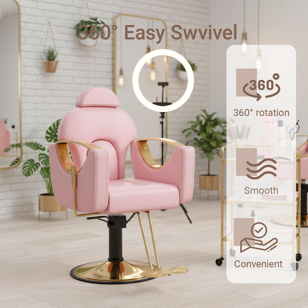 Salon Barber Chair for Hair Stylist, Professional Reclining Hydraulic Styling Chair with Heavy-Duty Pump, All Purpose Hairdresser Chair for Barbershop, Braiding, Shampoo, Spa Equipment, Cute Pink