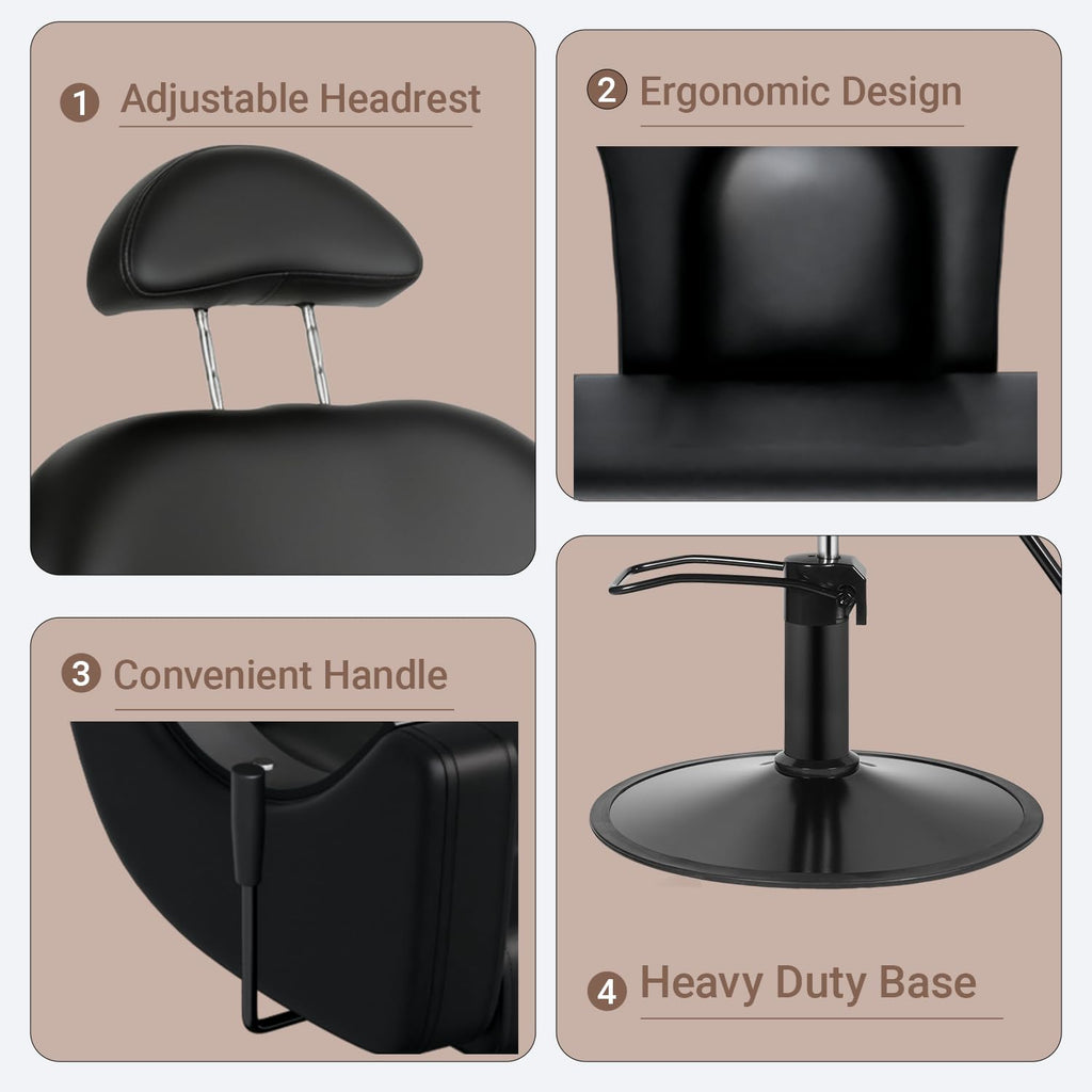 Salon Barber Chair for Hair Stylist, Professional Reclining Hydraulic Styling Chair with Heavy-Duty Pump, All Purpose Hairdresser Chair for Barbershop, Braiding, Shampoo, SpaSalon Equipment, All Black